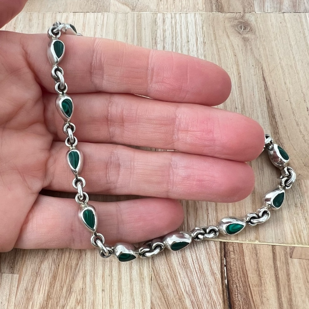 Taxco Sterling silver green malachite teardrop linked bracelet anklet chain